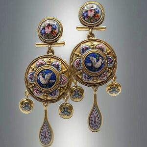 Romantic Oversized Mosiac Enamel Painted Dove & Garden Flower Earrings